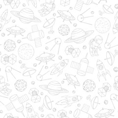 Hand drawn vector seamless pattern with cosmonauts, satelites, rockets, planets, moon, falling stars and UFO contours. Cosmic background for education and science portals.