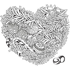 Heart shaped pattern with Christmas tree branches and balls. Coloring book page for adult. Black and white. Zentangle, doodle style.
