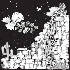 Rapunzel hair. High stone tower. Coloring book page for adult and children. Zentangle style. Black and white. Night.