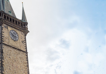 sky tower gothic clock, historical building pointed roof close-up. Prague Czech Republic 2017