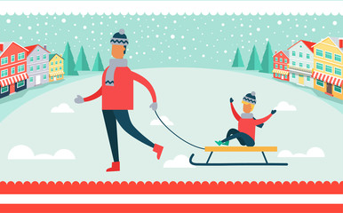 Father and Son on Sled Winter Vector Illustration