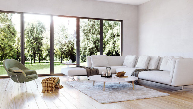 modern interior living room, garden view perspective