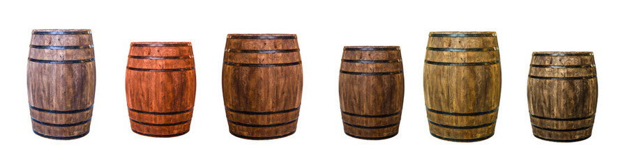 Fototapeta premium row brown oak barrel maturation wine extract set of large and small cask