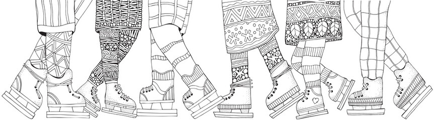 Winter boys and girls on skates. Adult Coloring book page. Vertical pattern for coloring book with legs. Scandinavian. Black and white.
