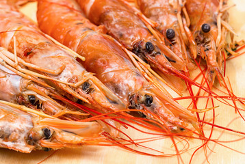 seven large langoustine, fresh frozen whole close-up focus on a head on a wooden background