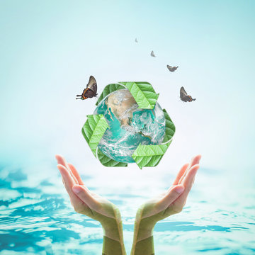 Green planet with recycle sign on hands with tree leaves for world environment day and ecological friendly concept: Elements of this image furnished by NASA.