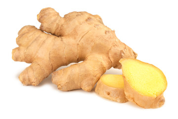 Ginger root with slices isolated on white