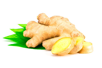 Root of ginger with leaves isolated on white background