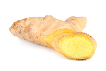 Ginger root with slices isolated on white