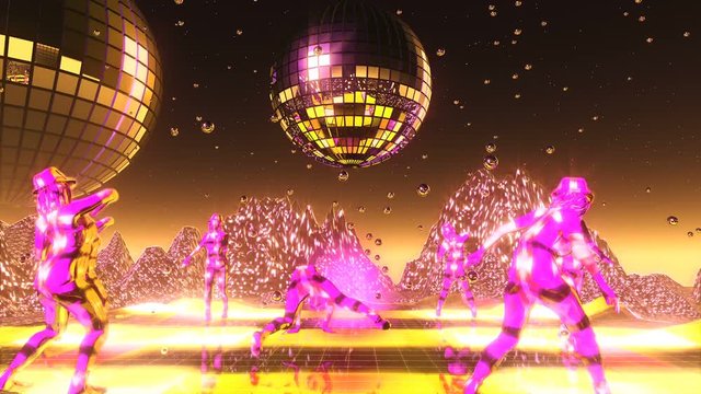 Beautiful girls dancing and moving on the neon dance planet. Loopable.