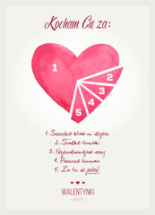 Podzielone serce na kawałki z napisem „Kocham Cię za…” z okazji Walentynek - obrazy, fototapety, plakaty