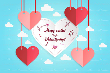 Karteczki w kształcie serca z dedykacją dla chłopaka z napisem „Mogę zostać Twoją Walentynką?”
