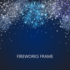 Fototapeta na wymiar Fireworks light effect frame, shining winter decorative holiday design for Christmas posters, banners, invitation. Sparkles energy silver explosions with snow sparkles.