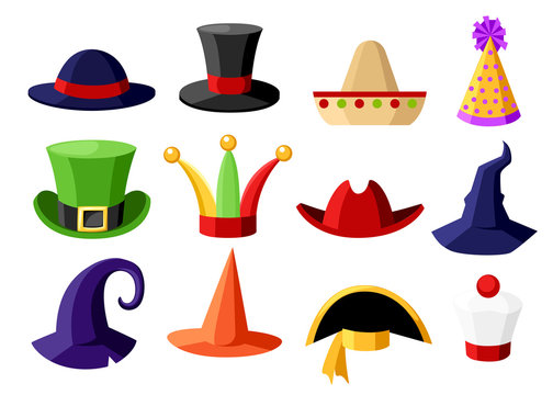 Fun carnival festive collection of cute celebration and disguise hat vector illustration isolated on white background website page and mobile app design