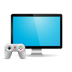 Gamepad and modern computer display with empty blank screen. Vector illustration.