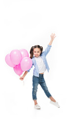 adorable little kid with pink balloons isolated on white
