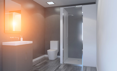 Modern bathroom including bath and sink. 3D rendering. Sunset.