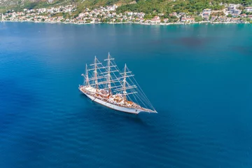 Cercles muraux Photo aérienne Aerial view of the big white Sailing Ship in the Bokaktorsky Bay. Montenegro.