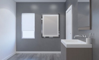 Scandinavian bathroom, classic  vintage interior design. 3D rendering. Blank paintings