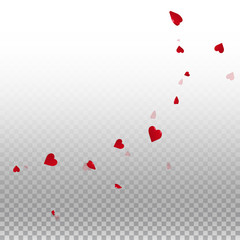 3d hearts valentine background. Big radiant left top corner on transparent grid light background. 3d hearts valentines day classic design. Vector illustration.