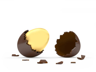 Golden Easter egg in a broken chocolate eggshell isolated on white background.3D illustration