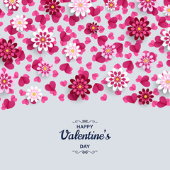 Happy Valentine Day background. Good design template for banner, greeting card, flyer. Paper art flowers and hearts. Vector illustration.