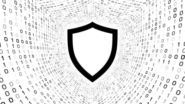 Black shield icon form black binary tunnel on white background. Computer security concept. Seamless loop. More icons and color options available in my portfolio.