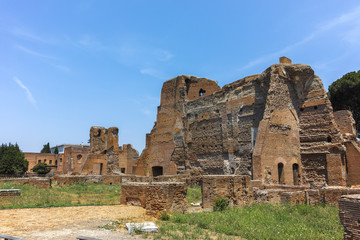 Panoramic view of ruins in Palatine Hill in city of Rome, Italy