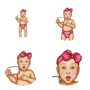 Set of vector pop art round avatar icons for social network users blogs, profiles. Surprised baby kid in diaper, girl with pink bow on head holding smartphone with mouth open, isolated illustration