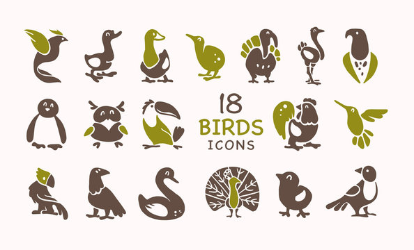 Vector collection of flat cute bird icons isolated on white background. Exotic bird silhouettes, domestic & farm, forest, northern and tropical. Good for logo templates, web design, prints, patterns