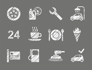 Car service icons, shading pencil, white, vector. Repair and maintenance of the car. Related products. Monochrome icons. Hatching a white pencil. Simulation. Vector clip art.  