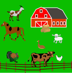 Farm with animals, barn, cow, horse, chicken, sheep, turkey.