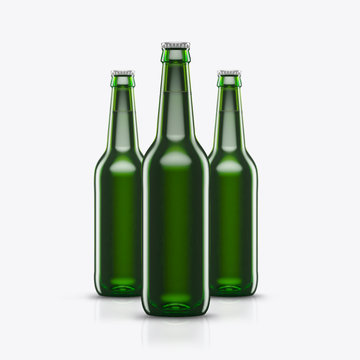 3D render beer bottle green on a white background