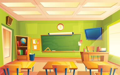 Vector school classroom interior. University, educational concept, blackboard, table, chair college furniture. Training room illustration for advertising, web, internet promotion - obrazy, fototapety, plakaty