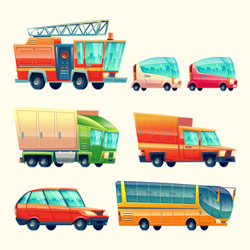 Public passenger transport cars and vehicles vector cartoon icons. Isolated flat colorful fire engine, travel coach and tourist bus and urban minivan, heavy loader truck and car or wagon van