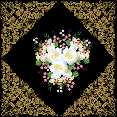 gold design with white roses in center on black background