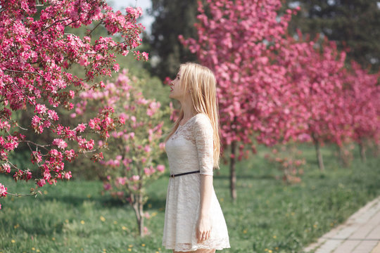 Beautiful young blonde woman enjoying sunny day in park during cherry blossom season on a nice spring day