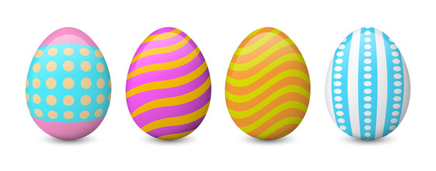 Colorful Easter eggs isolated on the white background. Realistic vector set. Collection of painted and decorated eggs.