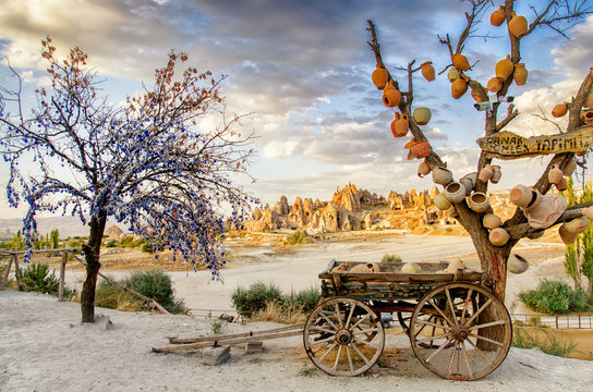 Goreme, Turkey - September 23, 2015: Tree Of Wishes with clay pots in Cappadocia. Nevsehir Province, Cappadocia, Turkey