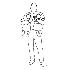 vector, isolated on white background sketch of father with children