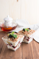 Cherry tiramisu in square cups