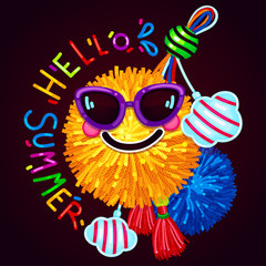 Hello summer. vector illustration of a sun pom-pom with glasses with a smile and a bright pendant. Emblem for print and summer designs