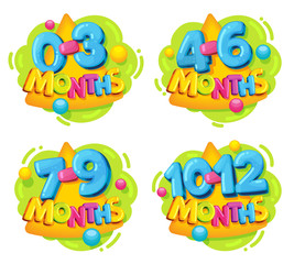 Baby development is the first year of life. Set of vector emblem for newborn. Cartoon colored stickers 0-3, 4-6, 7-9, 10-12 months. Age restrictions for toys