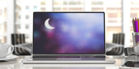 Crescent moon on the computer screen, Blur office background. 3d illustration