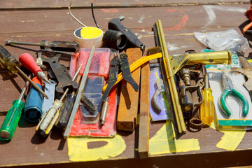 overhead view of set of old wood working tools, Tools on a wooden
