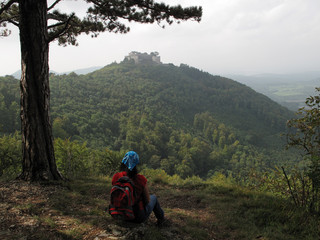 Fototapeta premium Wanderer mit Blick auf die Burgruien Hohenneuffen, Schwäbische Alb