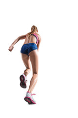 The studio shot of high jump female athlete is in action