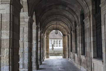 Arches in Palace, Palacio de Raxoi, Obradoiro square.Santiago de Compostela, Galicia, Spain.