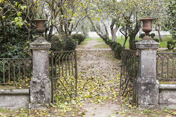 Garden,ancient entrance iron gate,park,parque vista alegre.Santiago de Compostela,Spain.
