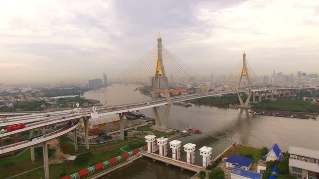 aerial view of bhumibol bridge in  bangkok thailand
